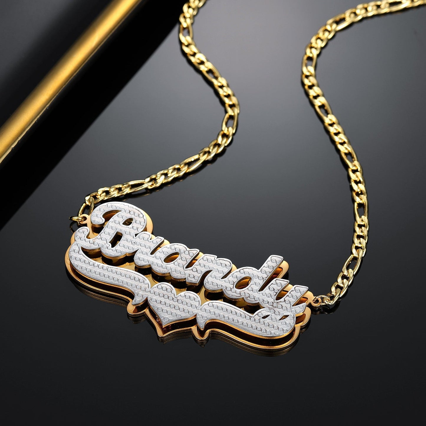 Diana Double Plated Pop Out Heart Name Necklace w/ Figaro Chain